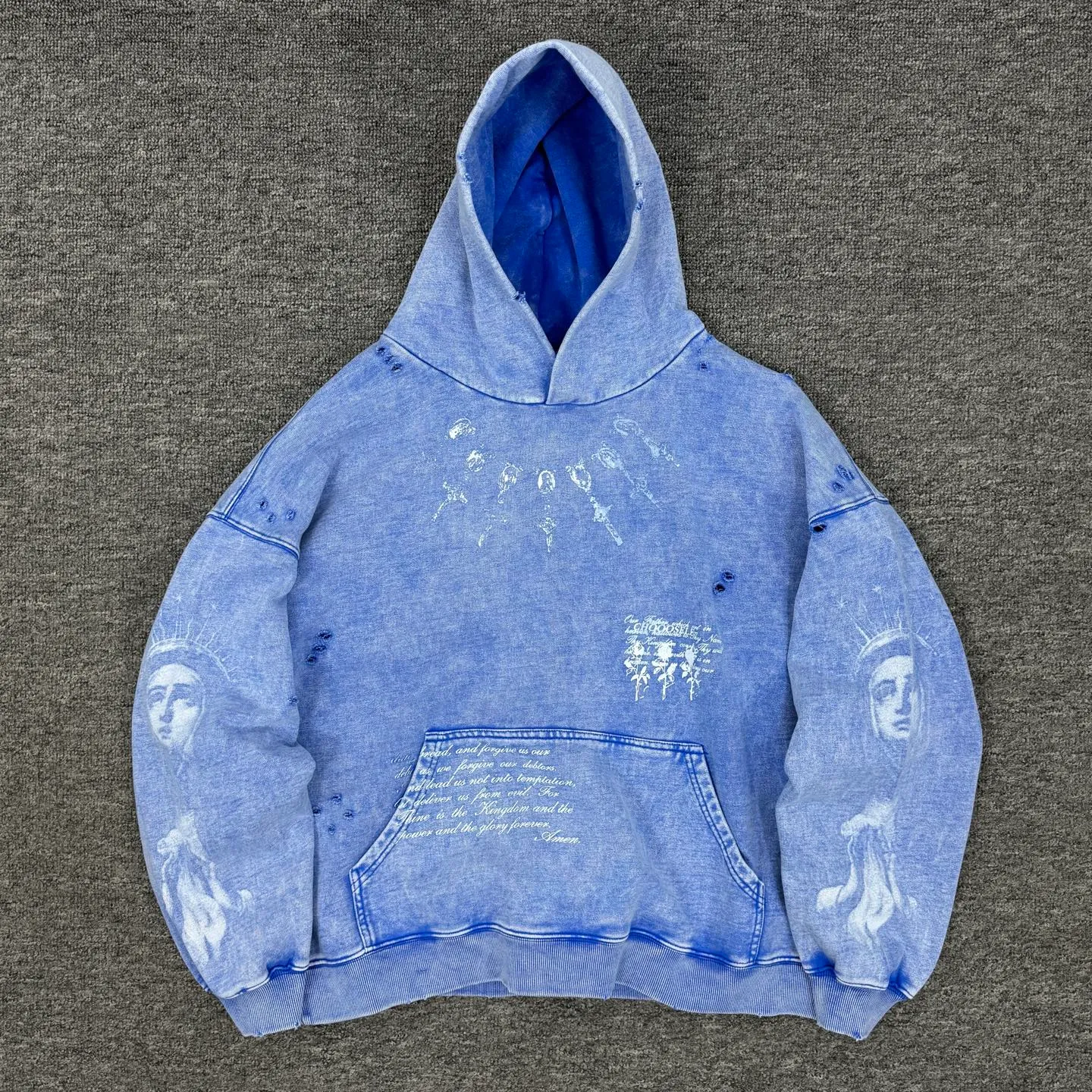 P288 # CHE-08 Saint Maria Limited Loose Portrait Washed Distressed Hooded Sweatshirt Customized heavyweight pure cotton fabric Thermoset ink printing Multi-position manual destruction process Assute yeast mill wash water natural fading effect Size: S M L XL